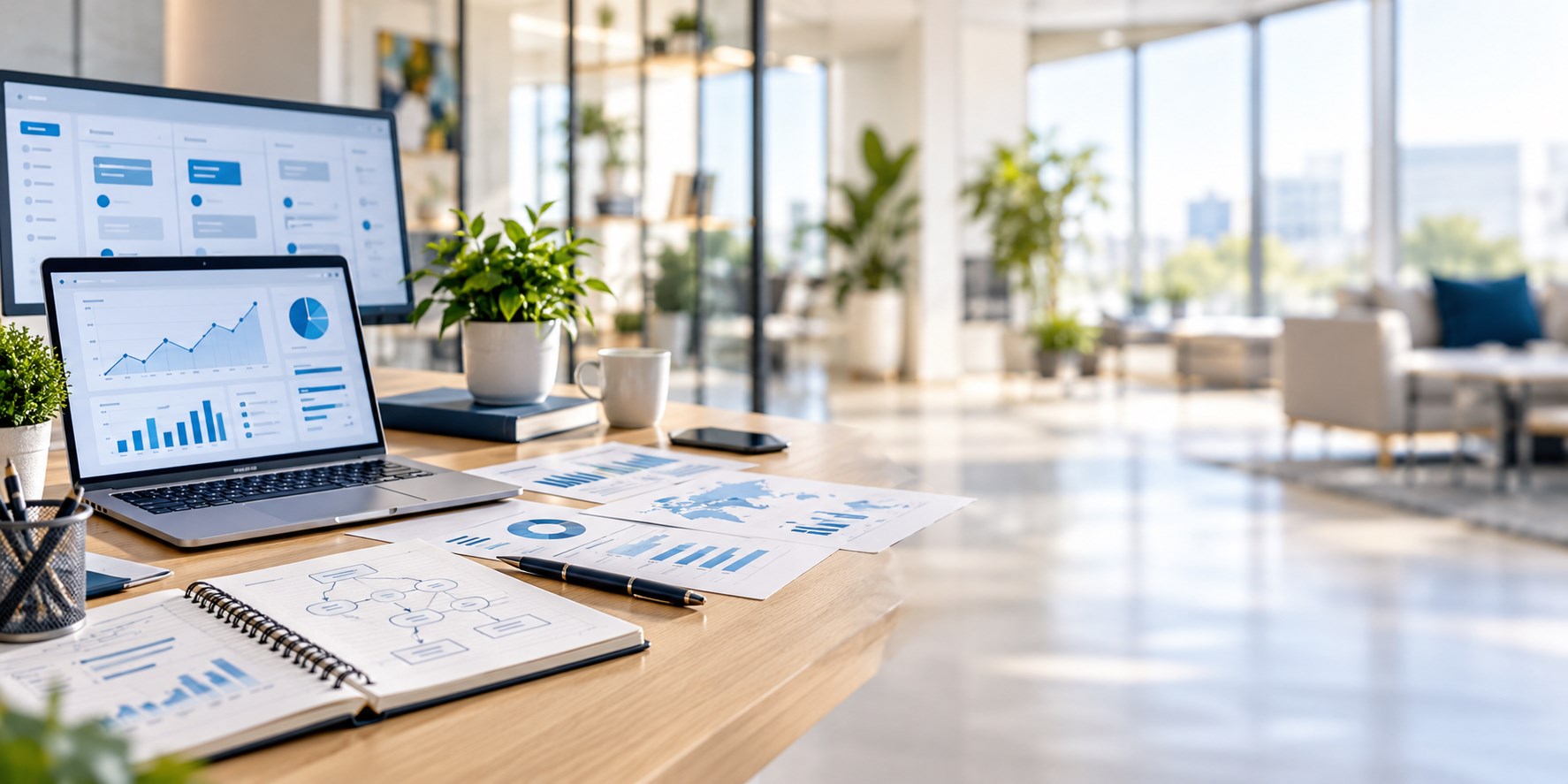 Marketing workspace with analytics dashboards, a laptop and business planning notes